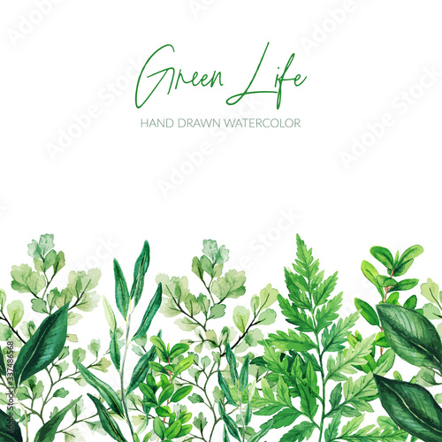 Watercolor leaves, greenery footer, green seamless border