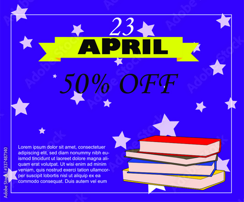 Cartel del 50% de descuento en el Día Internacional del Libro, con fondo morado y estrellas, letras negras, cinta amarilla con el texto Abril y cuatro libros en el frente
