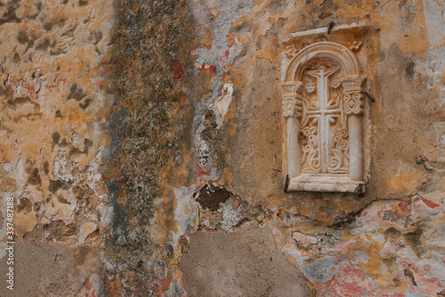 Ruins of ancient monastery of Kesariani in mountains near Athens, Greece photo