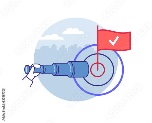 A hand keeps telescope pointed on a target marked with a flag on cityscape background. Concept of vision, to seek niches on the market.
