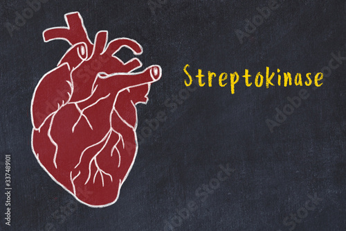 Concept of learning cardiovascular system. Chalk drawing of human heart and inscription Streptokinase photo