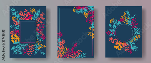 Simple herb twigs, tree branches, flowers floral invitation cards set. Bouquet wreath retro cards design with dandelion flowers, fern, lichen, olive tree leaves, sage twigs.