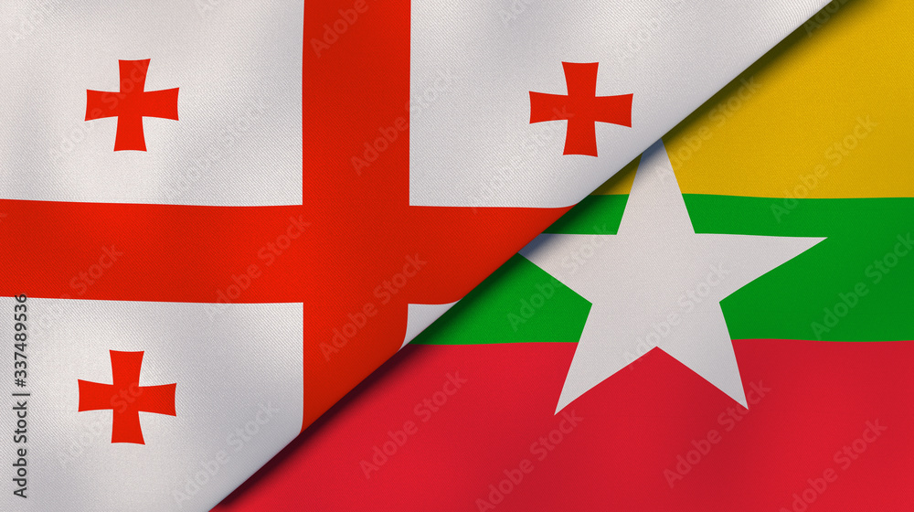 The flags of Georgia and Myanmar. News, reportage, business background. 3d illustration