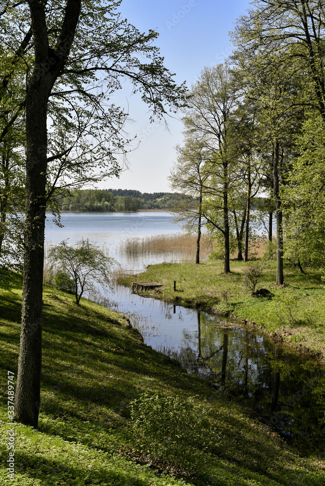 Letni, sielankowy widok na jezioro i ogród Pałacu Tyszkiewiczów w Zatroczu - dzielnicy Troków na Litwie