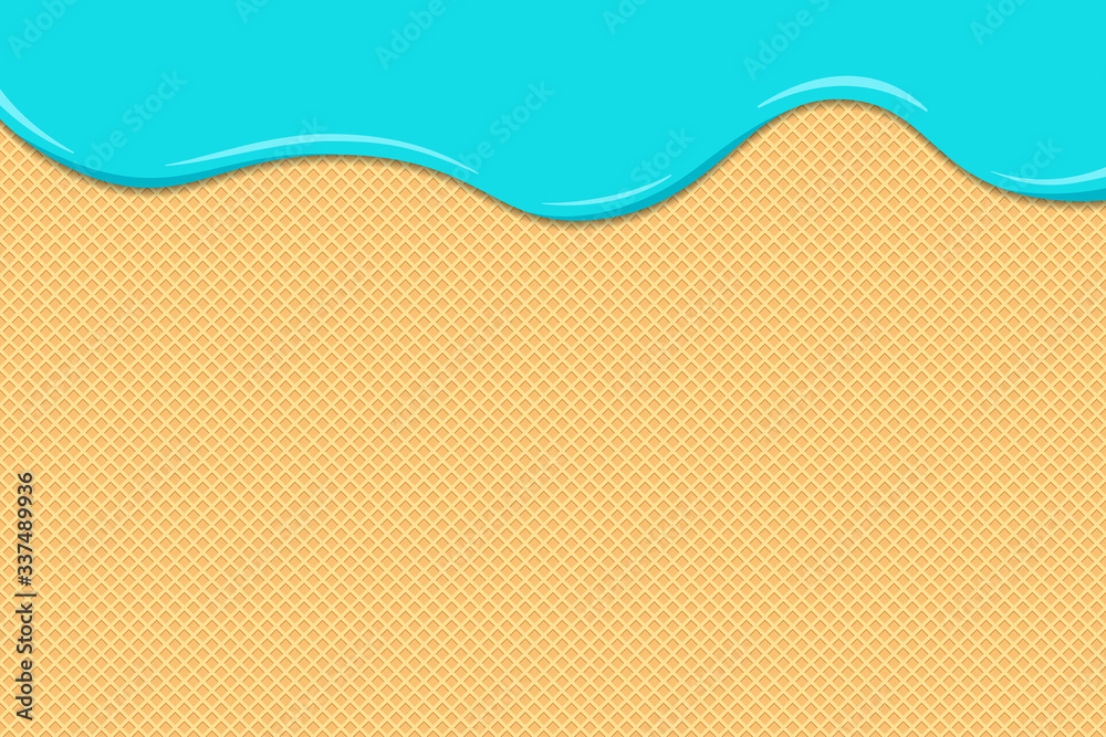Light blue ice cream melt and flow on toasted waffle surface. Glazed wafer texture sweet cake background. Vector illustration