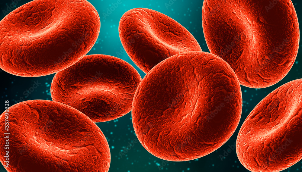 Αυτοκόλλητο Group of red blood cells closeup on blue background 3D rendering illustration