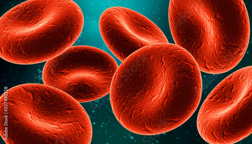 Tableau sur toile Group of red blood cells closeup on blue background 3D rendering illustration