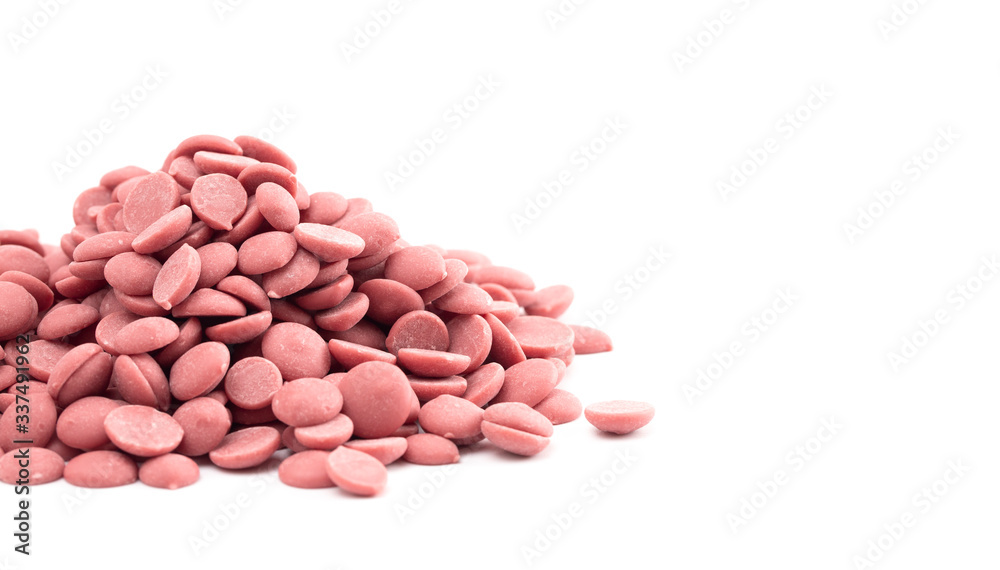 Authentic Ruby Chocolate Drops on a White Background Authentic Ruby Chocolate Drops on a White Background