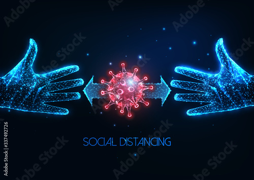 Futuristic social distancing during coronavirus pandemic concept with glowing low poly human hands