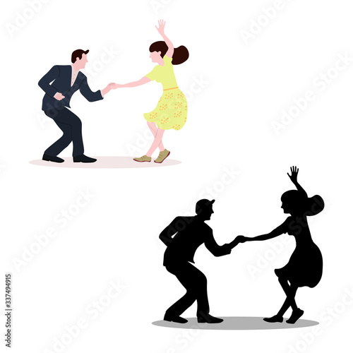 Dancing couples silhouettes on white background. People in 1940s or 1950s style. Men and women on swing, jazz, lindy hop or boogie woogie party. Vector illustration.
