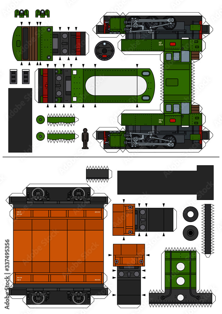 The paper model of a vintage green steam locomotive and a brown freight ...