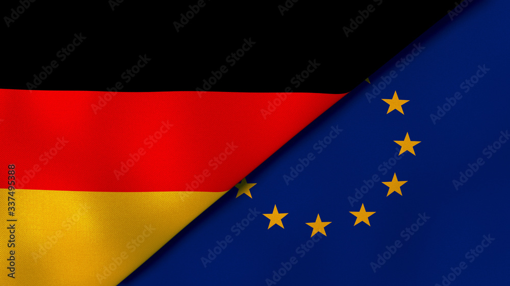 The flags of Germany and European Union. News, reportage, business background. 3d illustration