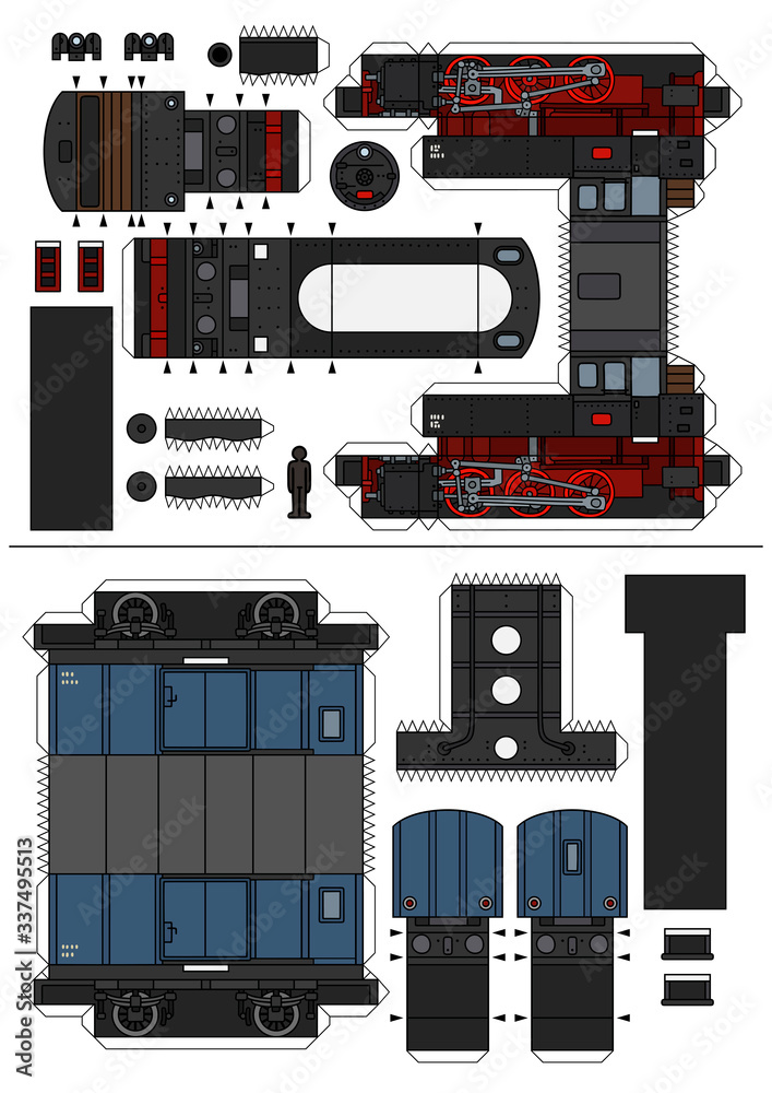 The paper model of a vintage steam locomotive and a blue freight wagon ...