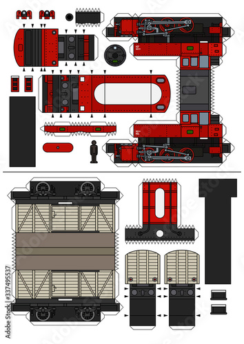 The paper model of a vintage red steam locomotive and a cream freight wagon