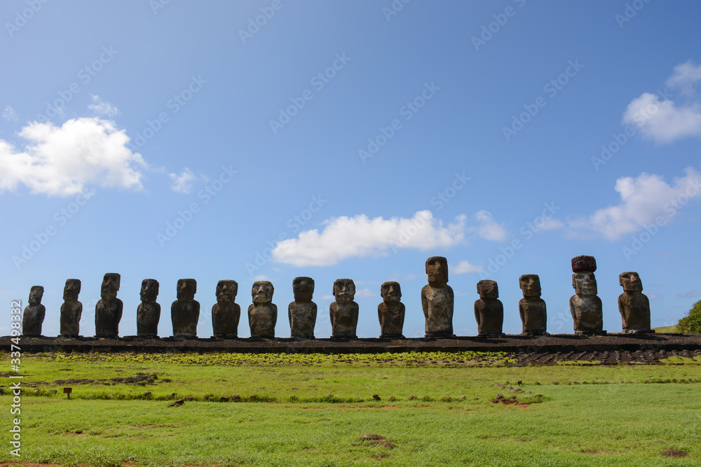12 Ancient maoi statues at Tongariki, largest collection of erected maoi on Rapa Nui, Easter Island, Chile