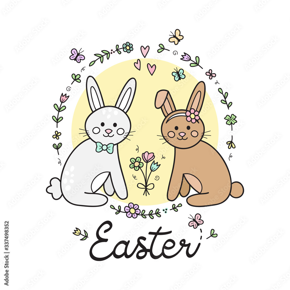Easter cute bunnies vector illustration graphic. Hand drawn outlined spring rabbits in love, sitting next to each other with flowers and butterflies in circle around them. Isolated.