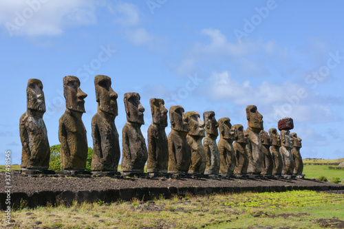 12 Ancient maoi statues at Tongariki, largest collection of erected maoi on Rapa Nui, Easter Island, Chile photo