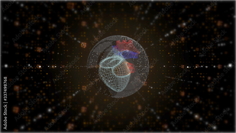 Obraz premium 3D holographic heart inside futuristic tunnel with cube frames floating around.