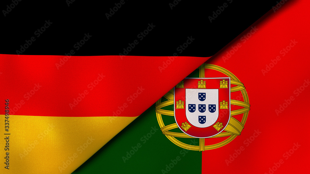 The flags of Germany and Portugal. News, reportage, business background. 3d illustration