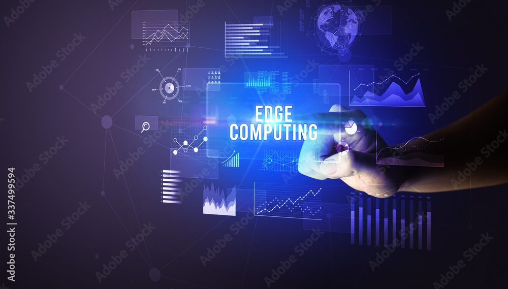 Hand touching EDGE COMPUTING inscription, new business technology concept Hand touching EDGE COMPUTING inscription, new business technology concept