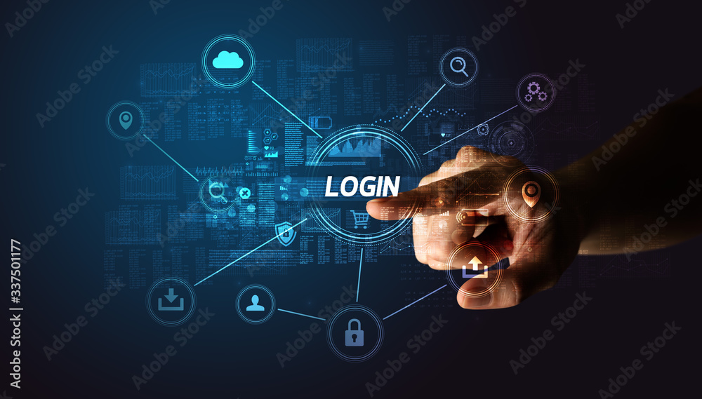 Obraz premium Ręką dotykając napis Zaloguj, koncepcja cyberbezpieczeństwa