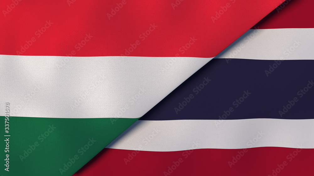 The flags of Hungary and Thailand. News, reportage, business background. 3d illustration