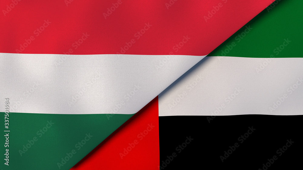 The flags of Hungary and United Arab Emirates. News, reportage, business background. 3d illustration