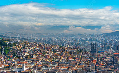 Aerial Panorama of Quito City with the historic city center in the foreground and the modern skyscrapers in the background  Ecuador.