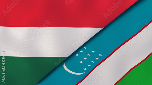 The flags of Hungary and Uzbekistan. News  reportage  business background. 3d illustration
