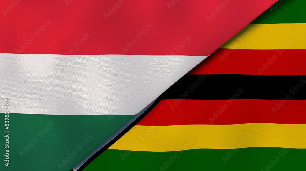 Fototapeta premium The flags of Hungary and Zimbabwe. News, reportage, business background. 3d illustration