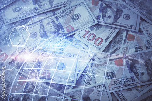 Double exposure of world map drawing over us dollars bill background. International concept.