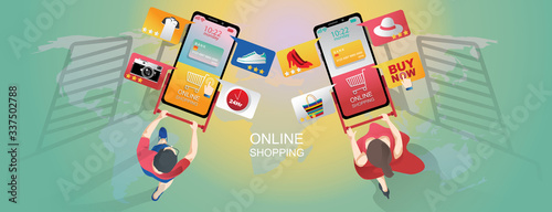 Online Shopping Concept, on Website or Mobile phone Application, Marketing, and Digital marketing. stay at home and using a smartphone, fast delivery. Vector for Design illustration 24-hour shopping