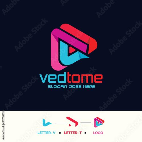 Awesome colorful  VT letter video music logo design. video play button. tingle music button 