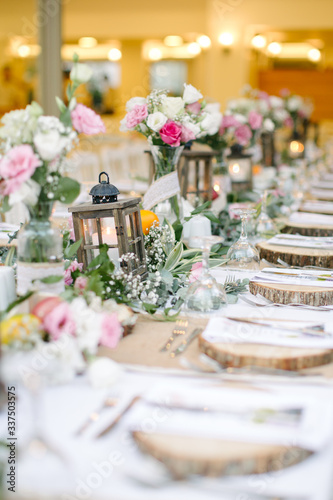 Wedding dining table and colorful flowers. Wedding day and wedding dining table.
