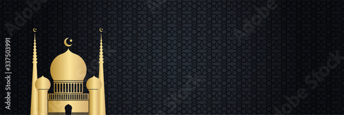 Simple black gold luxury ramadan background with blueish arabesque pattern arabic islamic east style. Decorative design for print, poster, cover, brochure, flyer, banner.