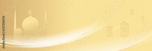 Flat gold luxury ramadan background with blueish arabesque pattern arabic islamic east style. Decorative design for print, poster, cover, brochure, flyer, banner.