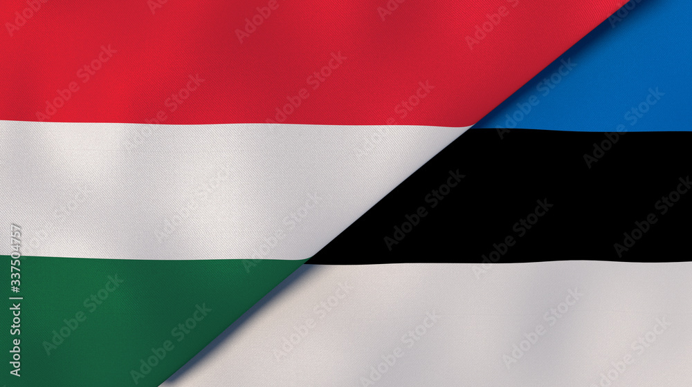 The flags of Hungary and Estonia. News, reportage, business background. 3d illustration