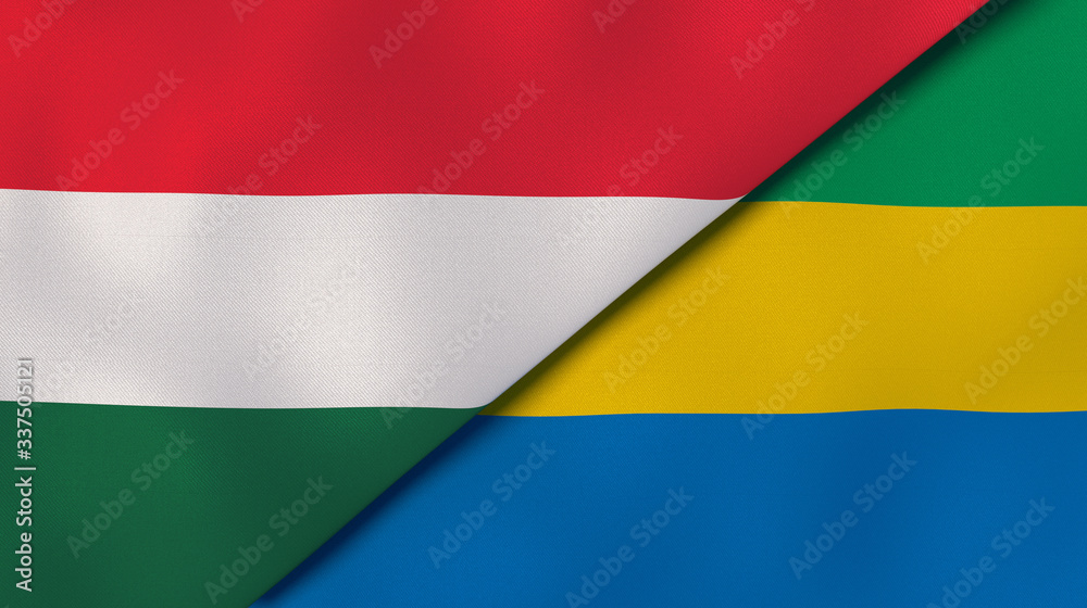The flags of Hungary and Gabon. News, reportage, business background. 3d illustration