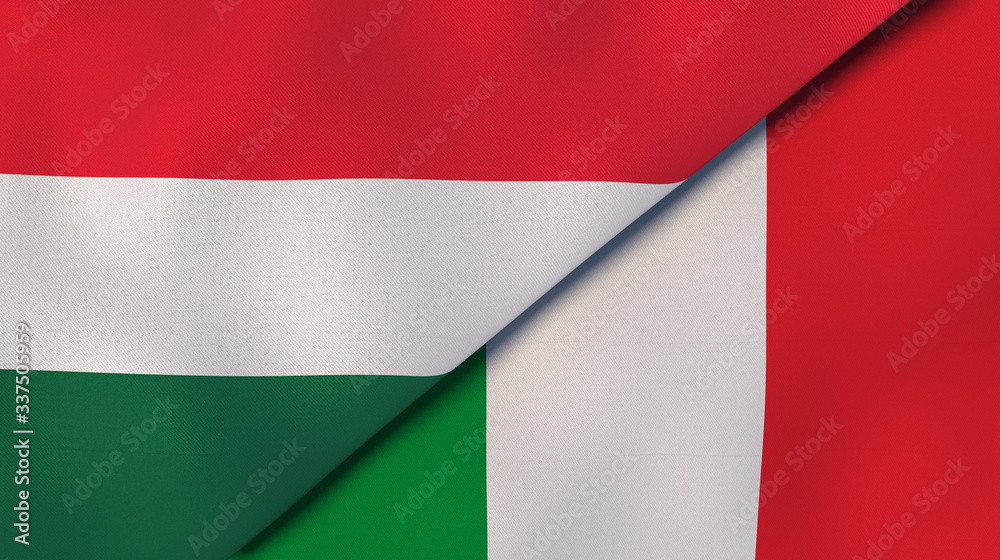 The flags of Hungary and Italy. News, reportage, business background. 3d illustration