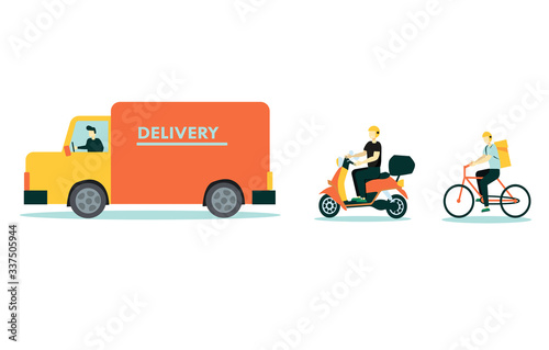 Online delivery service concept, online order tracking, delivery home and office. Warehouse, truck, drone, scooter and bicycle courier, delivery man in respiratory mask. Vector illustration