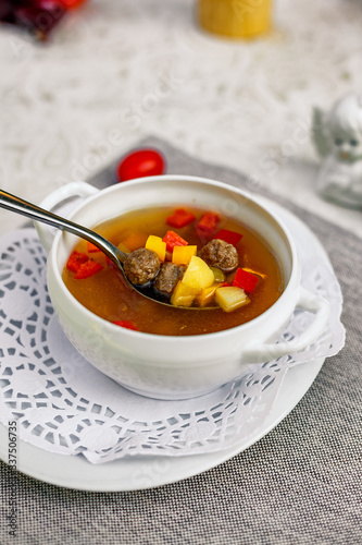 soup with vegetables and meatballs for lunch