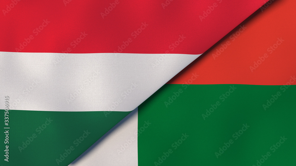 The flags of Hungary and Madagascar. News, reportage, business background. 3d illustration