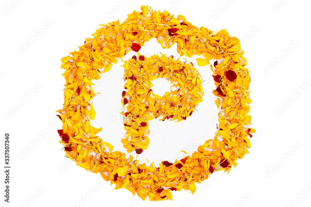 Letter P In Spring Flower Petal Hexagon. Marigold petal alphabet isolated on white background. Letter P In Spring Flower Petal Hexagon. Marigold petal alphabet isolated on white background.