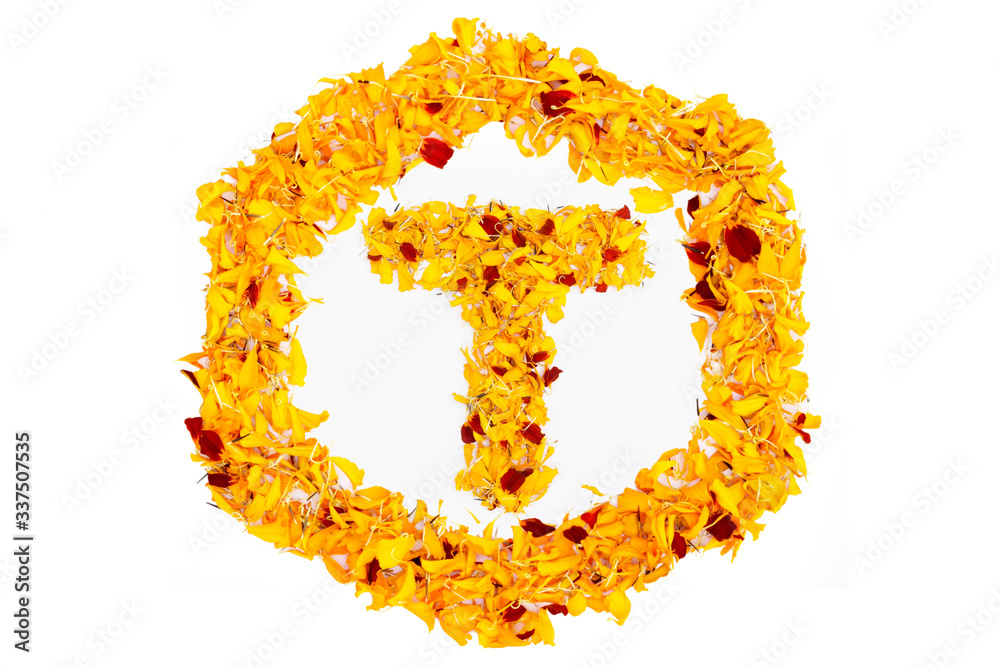 Letter T In Spring Flower Petal Hexagon. Marigold petal alphabet isolated on white background.