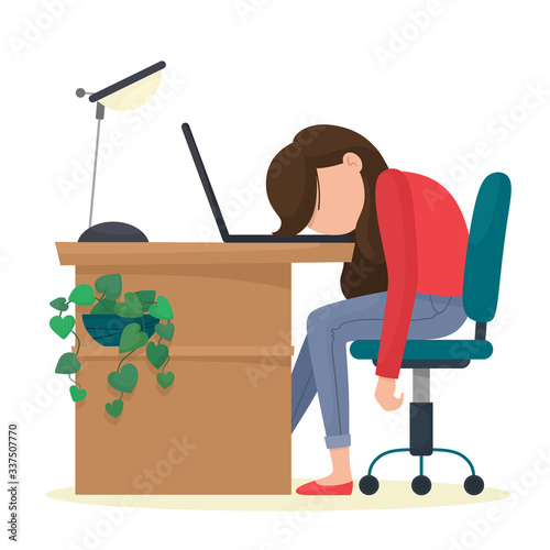 The girl worked at a laptop and fell asleep. Tired of work girl. Vector illustration.