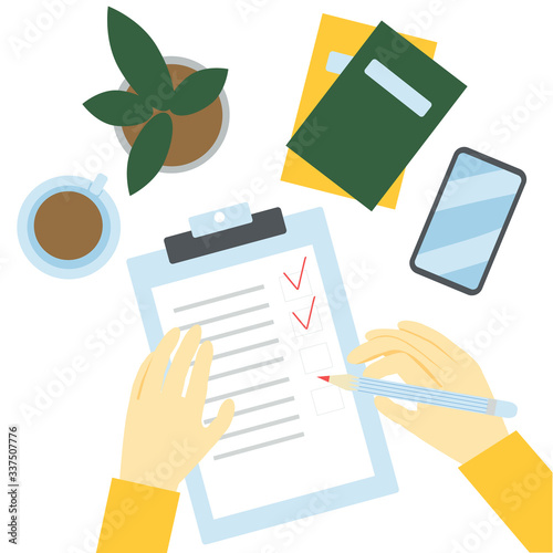 man s hands holding pen and writing down goals to achieve in notepad or making To Do List. Top view. Effective personal planning and organization. Colorful vector illustration in flat cartoon style.