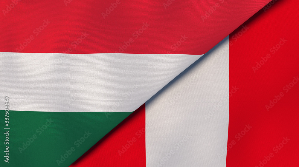 The flags of Hungary and Peru. News, reportage, business background. 3d illustration