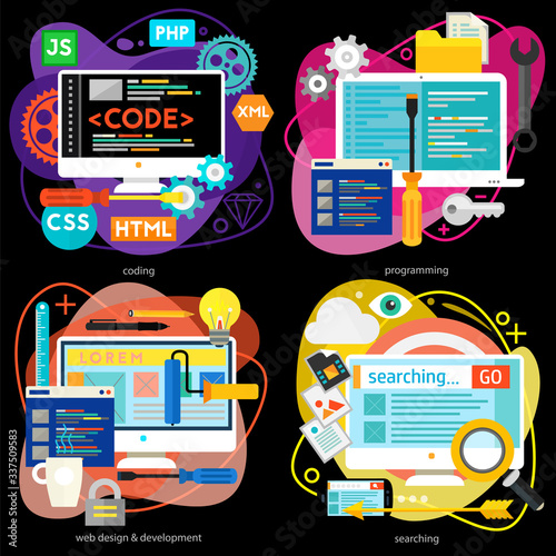 Programming and coding, scripting and website development, analytics and SEO concepts. Horizontal banners