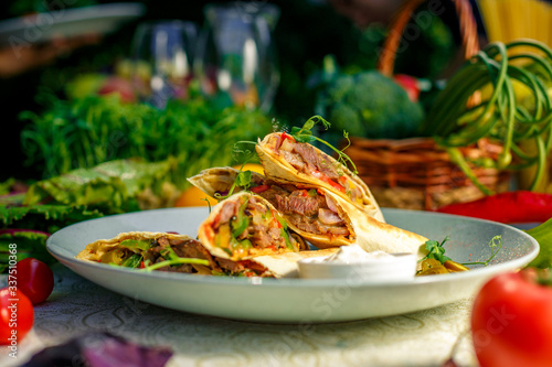 Photos Traditional Mexican Food - Burrito, on white wooden retro table