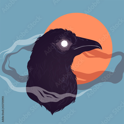 Vector illustration of bird-raven. Hand drawn design